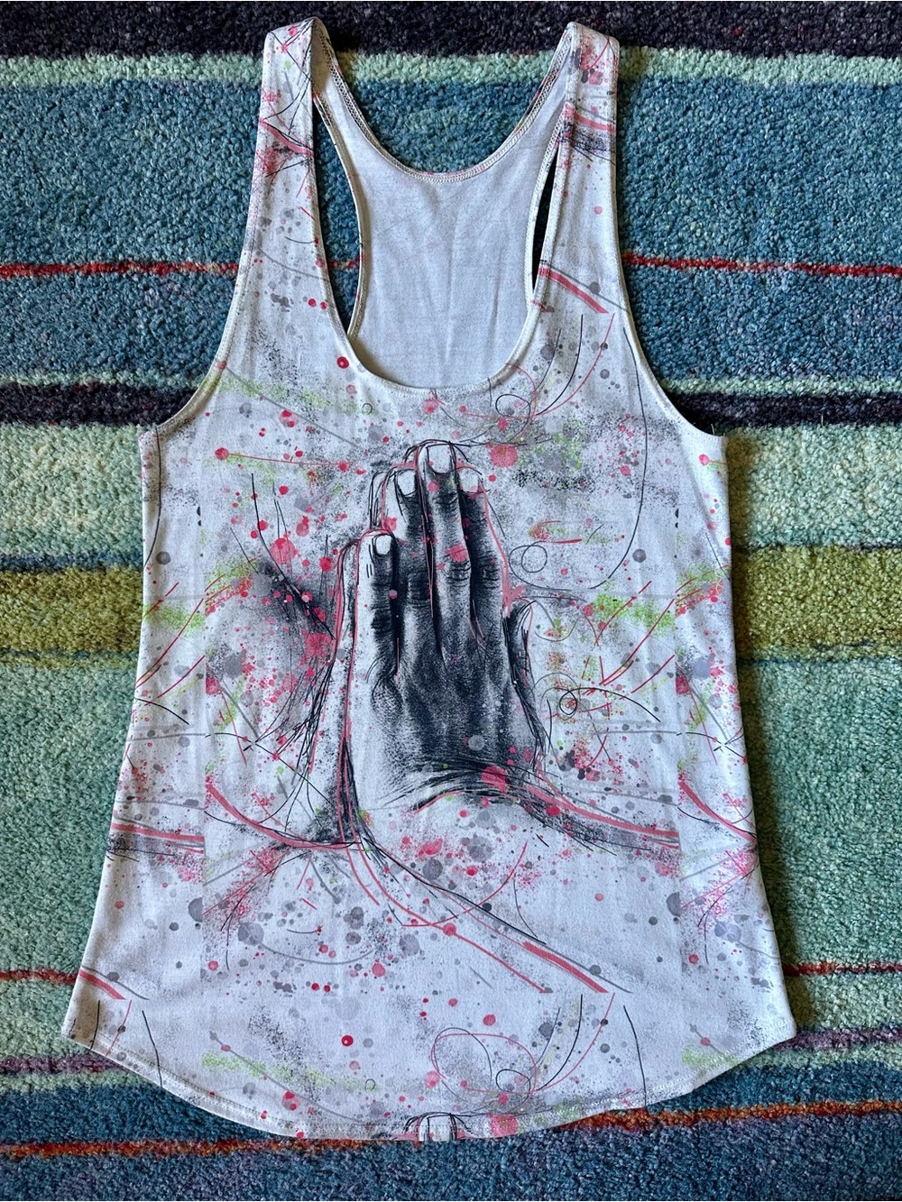 White Graphic Racerback Tank Top with Prayer Hands Motif